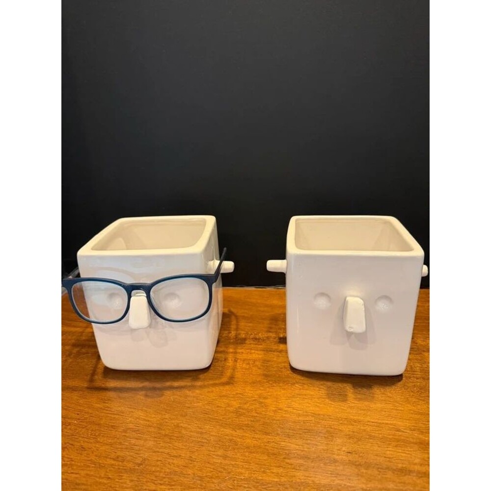 Set of 2 Ceramic Face Planters Glasses Eyeglass Holder Pots White